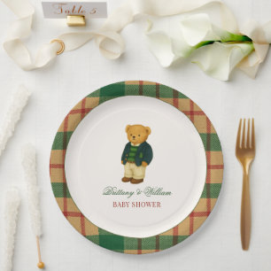 Christmas Plaid Preppy Bear Baby Shower Paper Plates