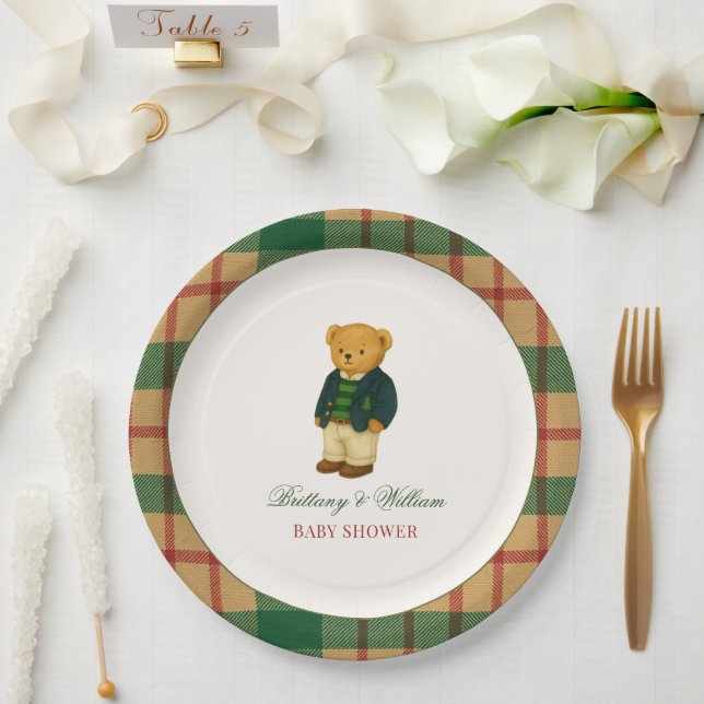 Christmas Plaid Preppy Bear Baby Shower  Paper Plates (Wedding)