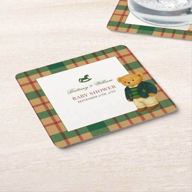 Christmas Plaid Preppy Bear Baby Shower  Square Paper Coaster (Angled)