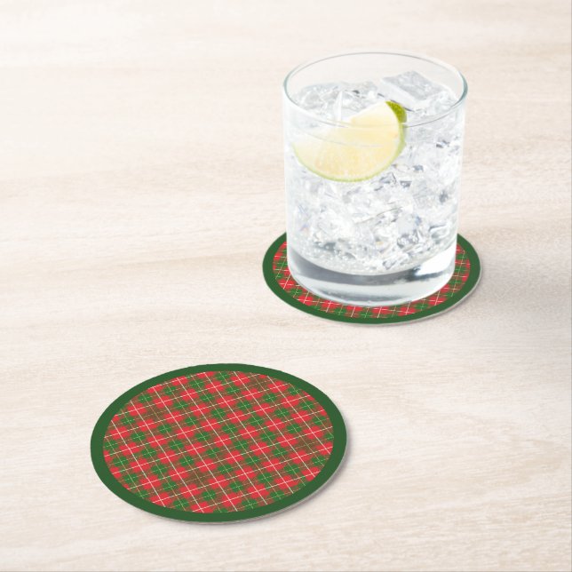 Christmas Plaid Red and Green Round Paper Coaster (Insitu)