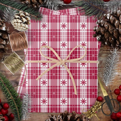 Christmas Plaid _ Red and White with Poinsettia Wrapping Paper Sheets