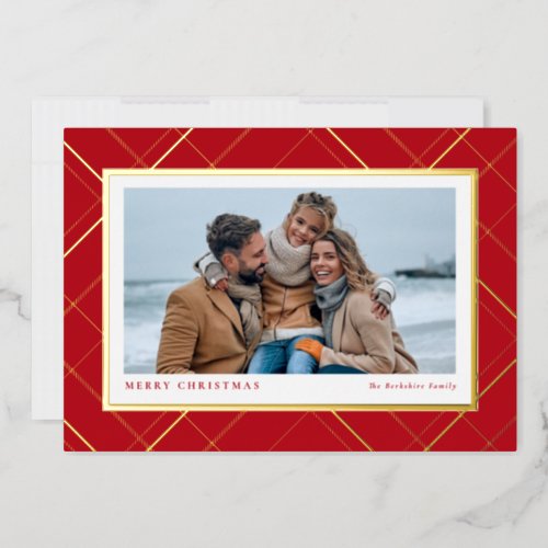 Christmas plaid red gold one_photo family foil holiday card