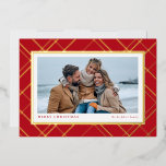 Christmas plaid red gold one-photo family foil holiday card<br><div class="desc">Chic and stylish, this one-photo Christmas card is the perfect way to send holiday greetings to friends and family. Featuring a traditional festive holiday plaid in foil against a red background framing a single horizontal photo, this card also has two text spots can be customized with your own greeting like...</div>