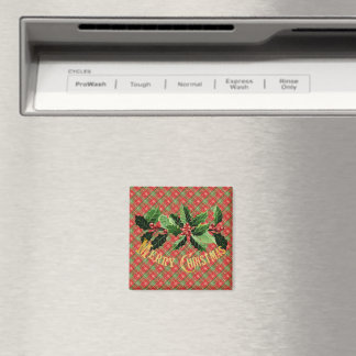 Christmas Plaid Red Gold Stars with Wreath Magnet