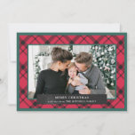 Christmas Plaid | Red Green and Black Multi Photo Holiday Card<br><div class="desc">These casual and rustic Christmas cards feature a red and black plaid background, with black chalkboard look accents and elegant green borders. Add three personal photos on the front and the back. There is also modern white handwritten script that says "Merry Christmas", along with additional room for personalizing with your...</div>