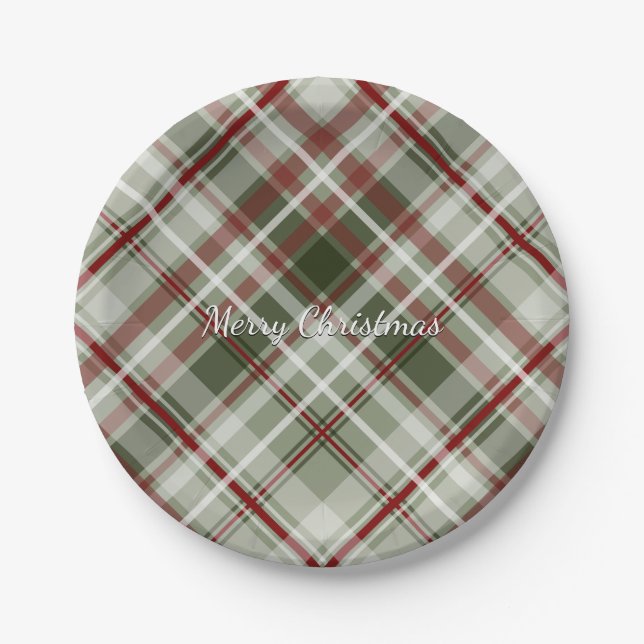Christmas plaid red green and white paper plates (Front)