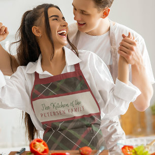 Christmas plaid red green family name personalized apron