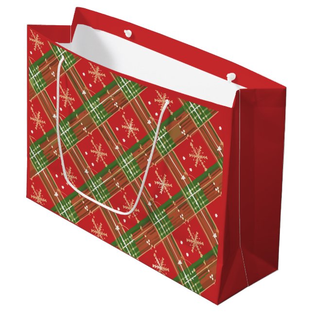 Christmas Plaid Red Green Gold Large Gift Bag (Front Angled)