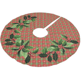 Christmas Plaid Red, Green, Gold Stars Brushed Polyester Tree Skirt