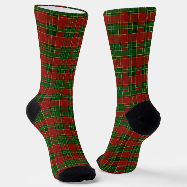 Christmas plaid red green gold traditional elegant socks (Angled)