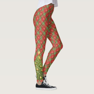Christmas Plaid Red, Green, Gold with Tree Leggings