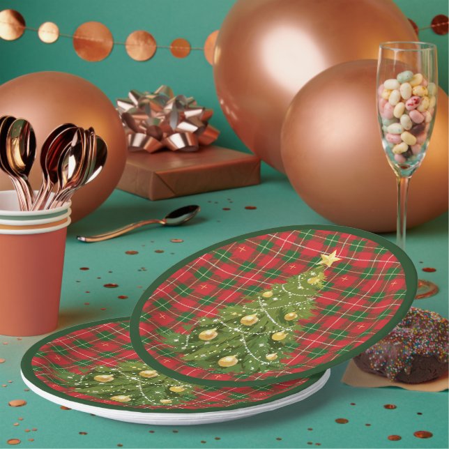 Christmas Plaid Red, Green with Gold Crosses Paper Plates (Multi)