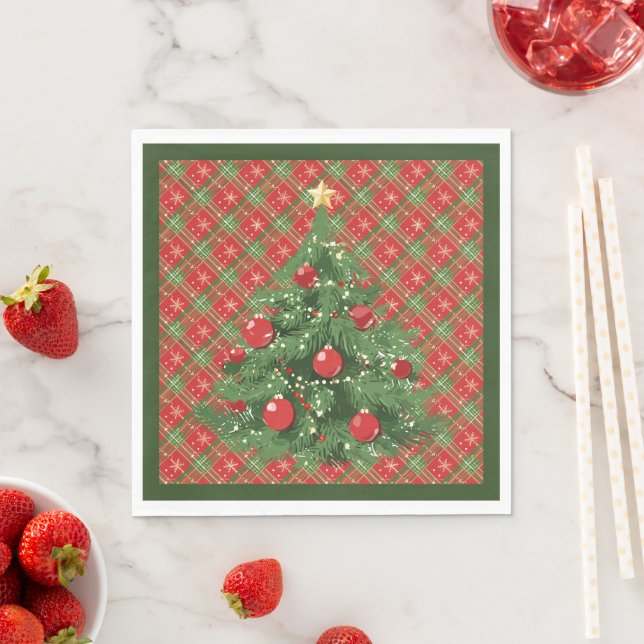 Christmas Plaid Red, Green with Gold Snowflakes Napkins (Insitu)