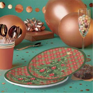 Christmas Plaid Red, Green with Gold Snowflakes Paper Plates