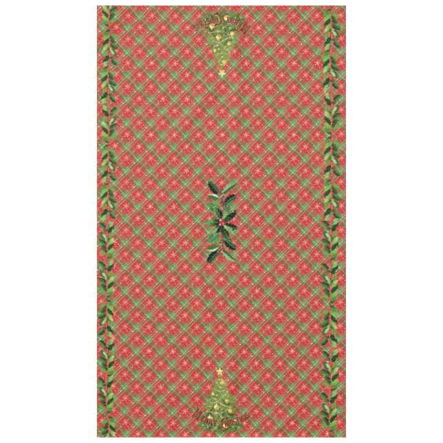 Christmas Plaid Red, Green, with Gold Stars Tablecloth (Front)