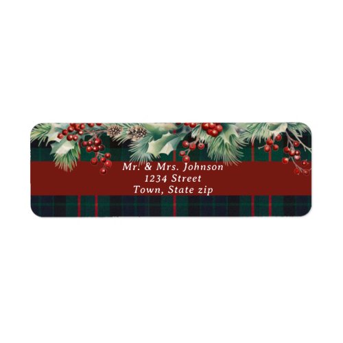 Christmas Plaid Red Holly Berries Pine Branch Snow Label