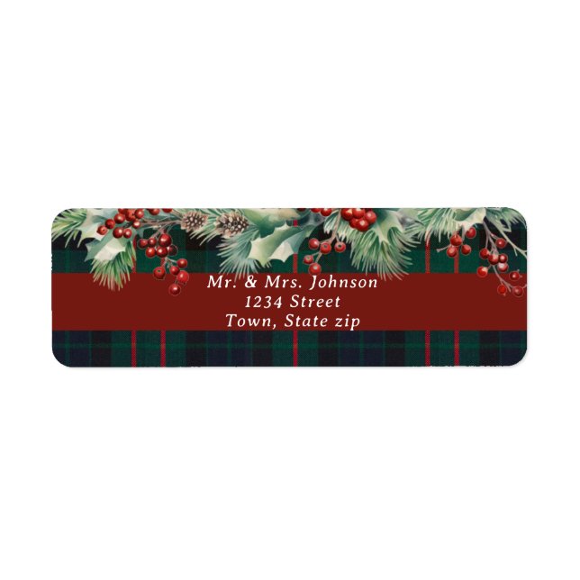 Christmas Plaid Red Holly Berries Pine Branch Snow Label (Front)