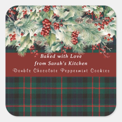 Christmas Plaid Red Holly Berries Pine Branch Snow Square Sticker