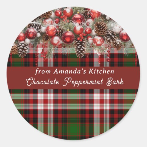 Christmas Plaid Red Ornaments Pine Cones Snow Classic Round Sticker