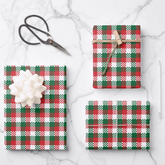 Christmas plaid red white green buffalo pattern wrapping paper sheets (Front)
