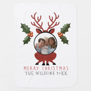 Christmas Plaid Reindeer with Personalized Photo Baby Blanket