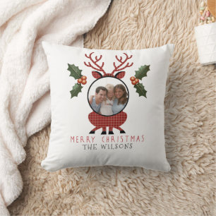 Christmas Plaid Reindeer with Personalized Photo Throw Pillow