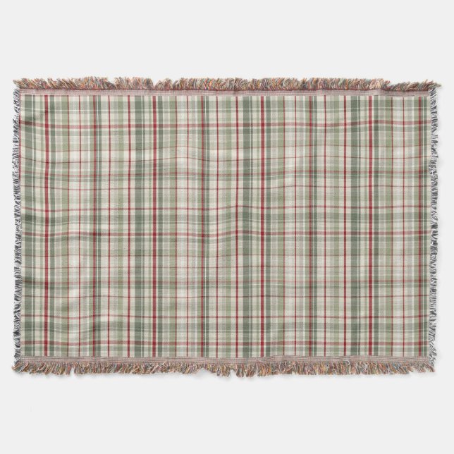 Christmas Plaid - rustic green red ivory Throw Blanket (Front)