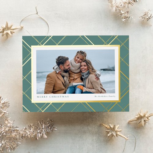 Christmas plaid sage green gold one_photo family foil holiday card
