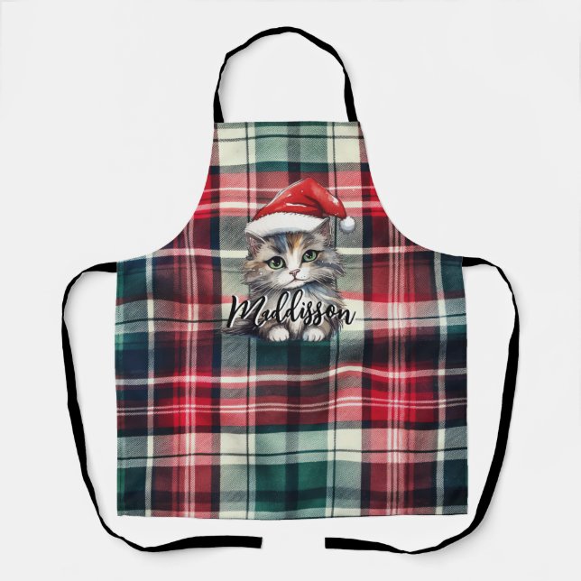 Christmas Plaid Santa Cat With Name Apron (Front)