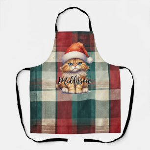 Christmas Plaid Santa Cat With Name Apron
