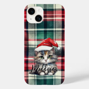 Christmas Plaid Santa Cat With Name Case-Mate iPhone 14 Case