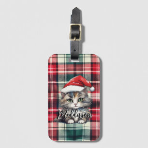 Christmas Plaid Santa Cat With Name Luggage Tag