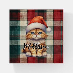 Christmas Plaid Santa Cat With Name Paperweight
