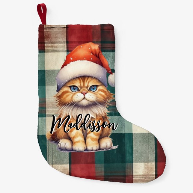 Christmas Plaid Santa Cat With Name Small Christmas Stocking (Front)