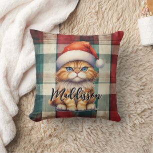 Christmas Plaid Santa Cat With Name Throw Pillow
