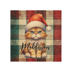 Christmas Plaid Santa Cat With Name Wood Wall Art