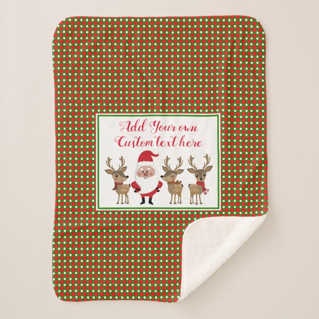 Christmas Plaid Santa Reindeer Add Custom Text Sherpa Blanket (Front)