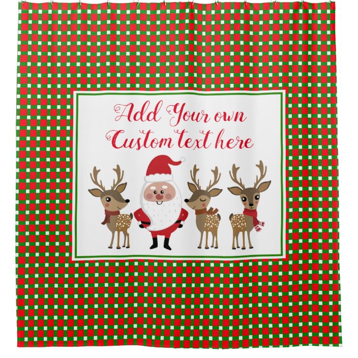 Christmas Plaid Santa Reindeer Custom Typography Shower Curtain