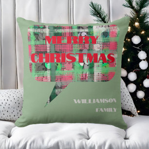 Christmas plaid script family name green red cream throw pillow