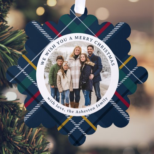 Christmas plaid simple two round photo holiday ornament card