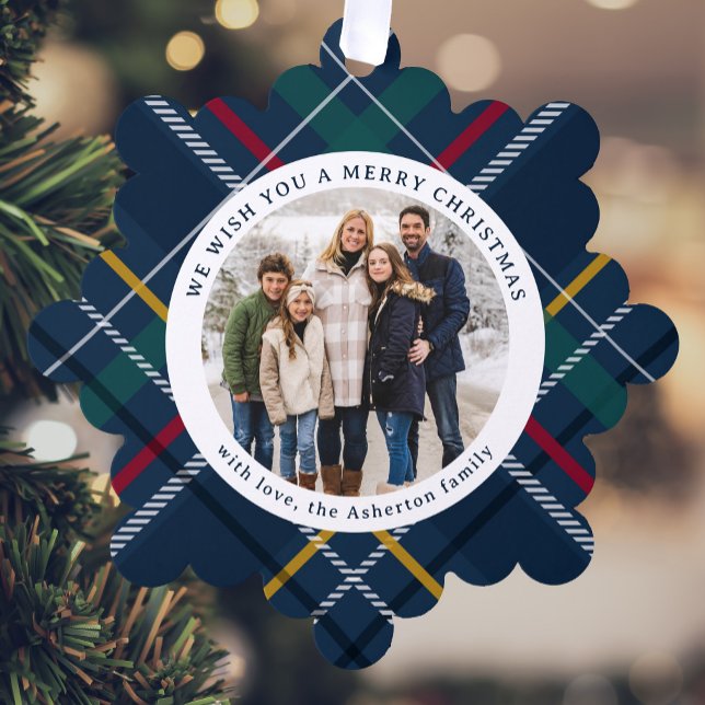 Christmas plaid simple two round photo holiday ornament card (Creator Uploaded)