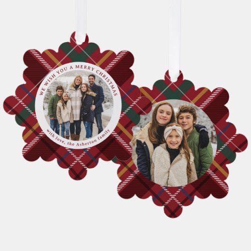 Christmas plaid simple two round photo red holiday ornament card
