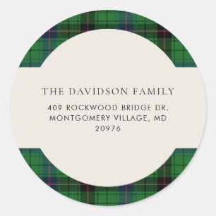 Christmas Plaid Tartan Green Custom Address Classic Round Sticker