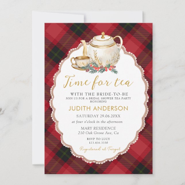 Christmas Plaid Tea Party Bridal Shower Invitation (Front)