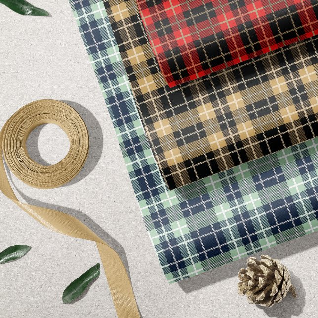 Christmas Plaid Trio Red Gold Navy Wrapping Paper Sheets (Creator Uploaded)