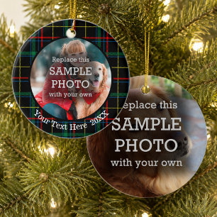 Christmas Plaid, Two Photo, Two Sided Ceramic Ornament