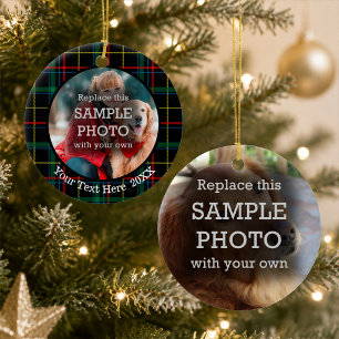 Christmas Plaid, Two Photo, Two Sided Ceramic Ornament