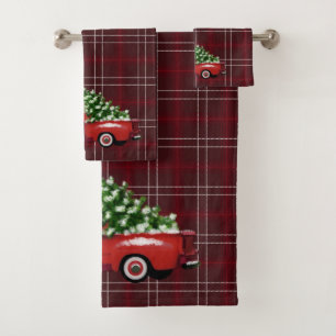 Christmas Plaid   Vintage Red Pickup Truck Bath Towel Set