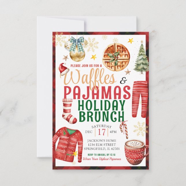 Christmas Plaid Waffle and Pajamas Holiday Brunch Invitation (Front)