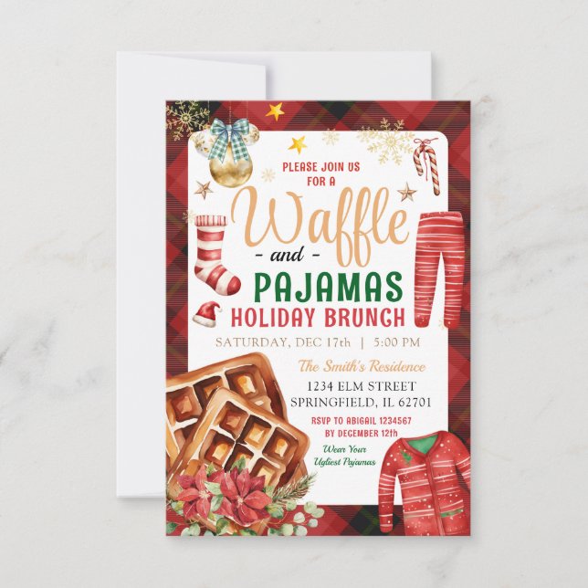 Christmas Plaid Waffle and Pajamas Holiday Brunch Invitation (Front)
